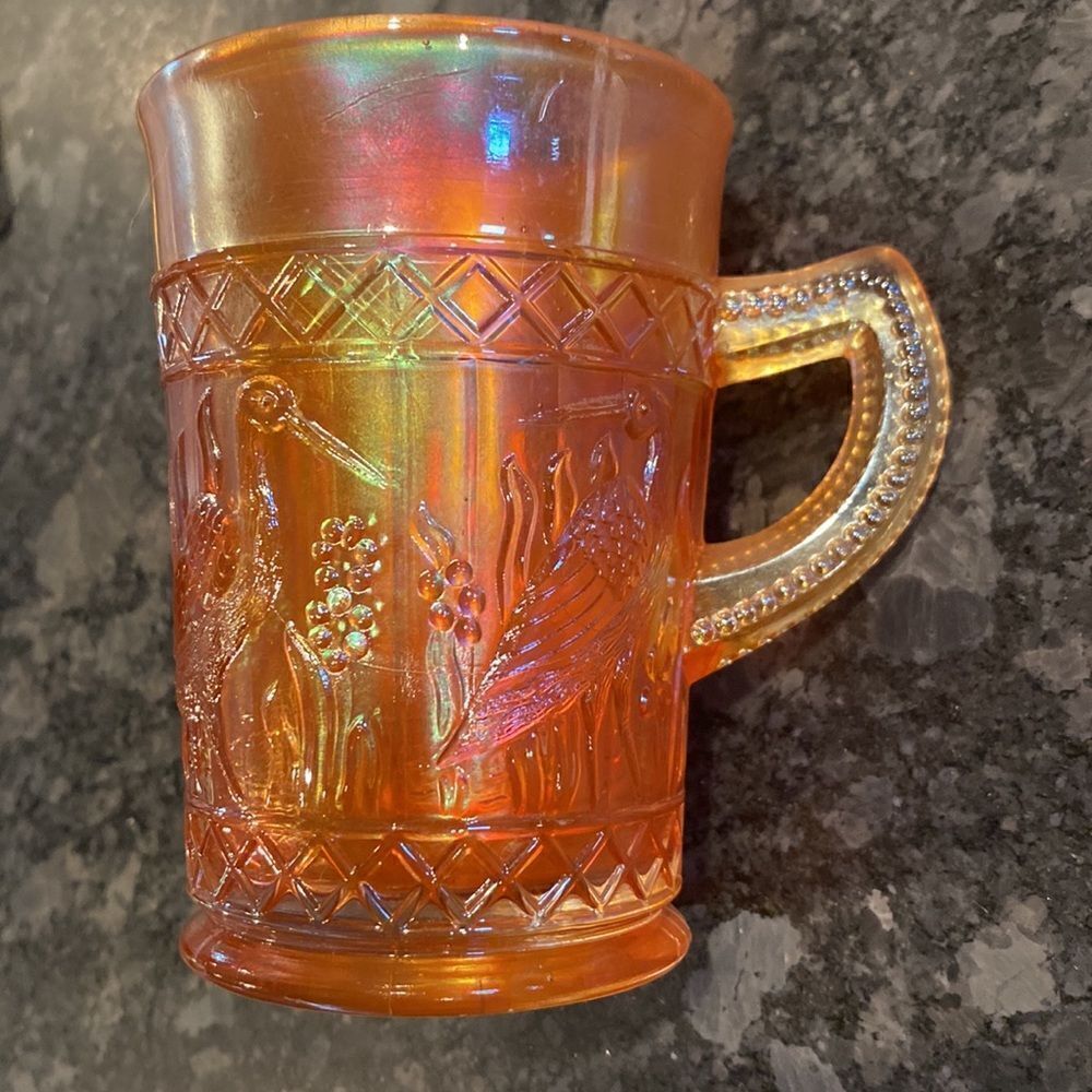 Carnival Glass Mug Stork & Rushes Dugan
